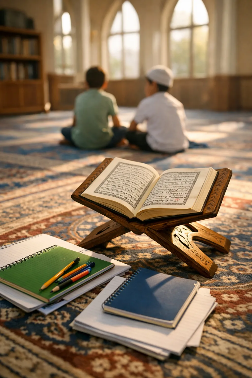 Lezione della scuola araba con insegnante e studenti in un ambiente accogliente