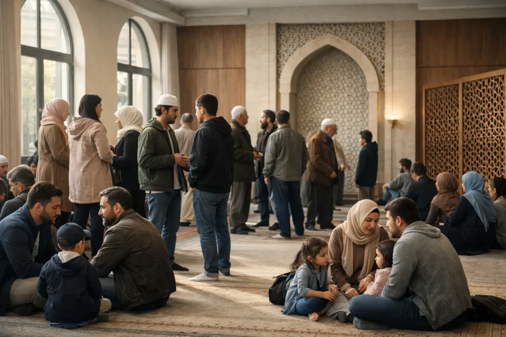 Famiglie e giovani riuniti nel centro culturale islamico di Bolzano prima della preghiera del venerdì